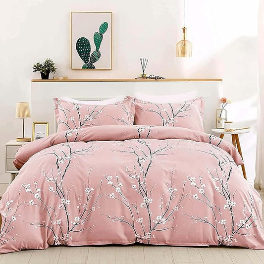 WONGS BEDDING Pink Floral Duvet Cover Set Twin,Reversible Flower Bedding Set with 1 Pillowcase, Pink Plum Flower Pattern Comforter Cover Set with Zipper Ties Soft Microfiber 68"x86"(Not Comforter)