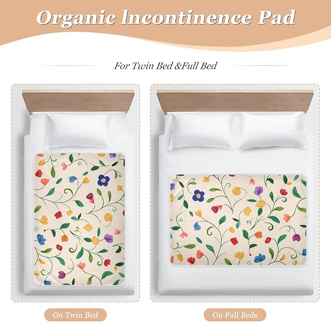 Waterproof Bed Pad Reusable Changing Pad Toddler Mattress Protector Large Pee Pad Baby Diaper Pad Soft Washable Liner Floral Beige Vines Leaves