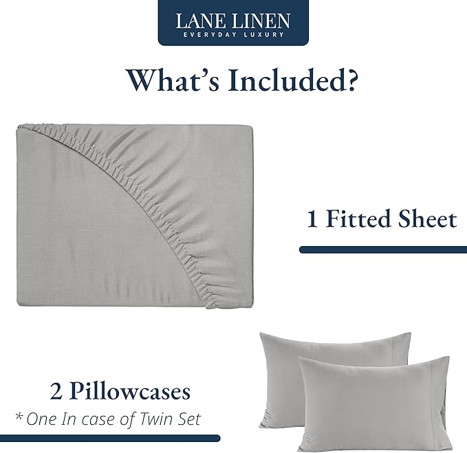 LANE LINEN 100% Organic Cotton Twin Fitted Sheets, 2-Piece Set (1 Fitted Sheet, 1 Pillowcase), Percale Weave, Lightweight, Ultra Soft, Breathable, Fits Mattress Upto 15" Deep - Silver (No Flat Sheet)
