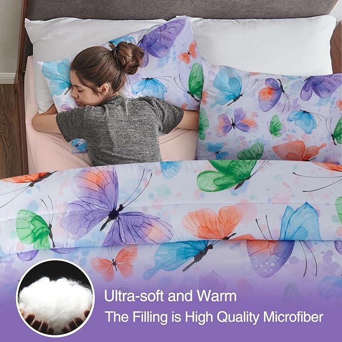 A Nice Night 6pcs Bed in A Bag Watercolor Ink Wash Tie-Dye Butterfly Flying Printed, Butterflies Bedding Comforter Set, Purple Green Full