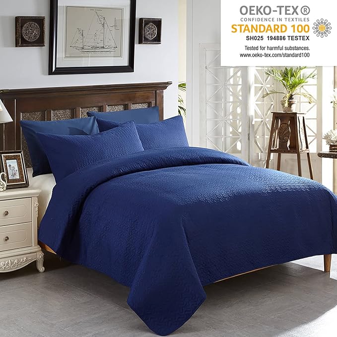 JML Quilts Set, Bedspread Coverlet Set with Pillowcases - 3 Piece Soft and Lightweight Bed Quilt for Spring, Autumn and Summer (Embossed Stripe - Navy, King(92"x104"))