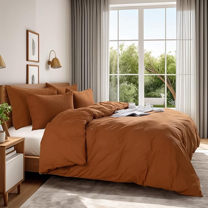 NEXHOME PRO Terracotta Burnt Orange Duvet Cover Set Queen Size Linen Textured Organic Natural 100% Washed Cotton Duvet Cover Caramel 3 Pieces Bedding Set with Zipper Closure Soft (No Comforter)