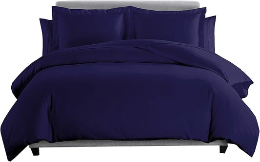 8 Pieces 100% Cotton Solid Navy Queen Goose Down Bed in a Bag Set Including 600TC Sheet Set + 600TC Duvet Cover Set+ All Season Striped Goose Down Comforter 600 Fill Power