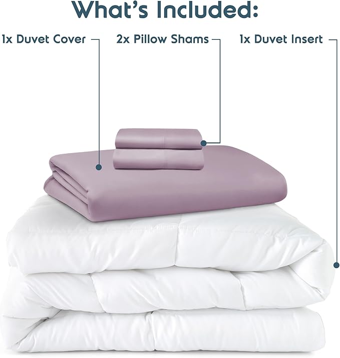 Nestl California King Duvet Cover Set with Comforter Insert - Dusty Purple 4 Piece 104x98 Duvet Cover & 2 Pillow Shams with White Quilted Down Alternative Comforter, Ultra Soft, All Season