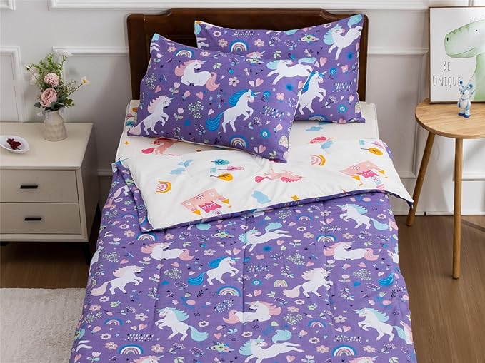 NTBED Unicorn Printed Zipper Bedding Sets Twin Lightweight Microfiber Floral Comforter Sets with Fitted Sheet Pillow Covers,Purple
