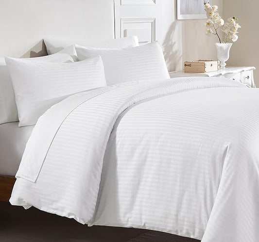 California Design Den Striped White Duvet Cover King Size Only - Premium 400 Thread Count, 100% Cotton Sateen, Button Closure & Corner Ties - White