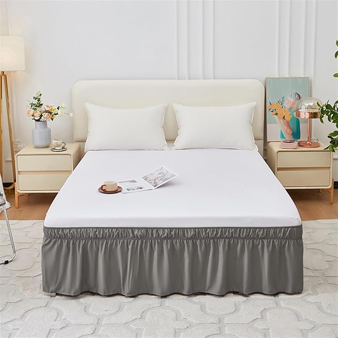 GIBZ Adjustable Wrap Around Ruffled Bed Skirt, Elastic Dust Ruffles Easy Fit Wrinkle & Fade Resistant, Machine Washable, Full 16" Drop, Grey