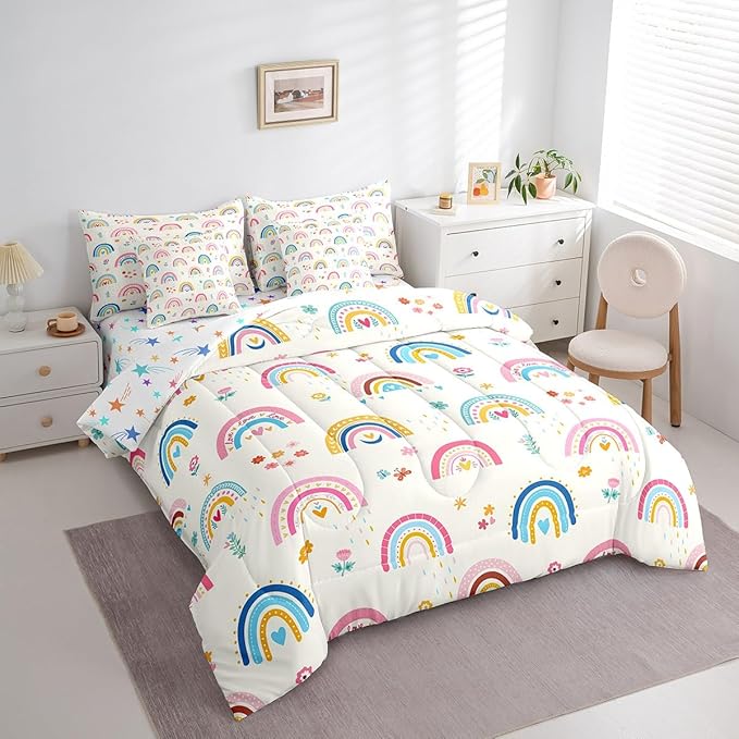 Feelyou Kids Rainbow 7 Pieces Bedding Set King Size, Colorful Stripes Comforter Set with Sheets Cute Cartoon Bed in A Bag Boys Girls Multicolor Teens Bed Set Bedroom Decor 7Pcs