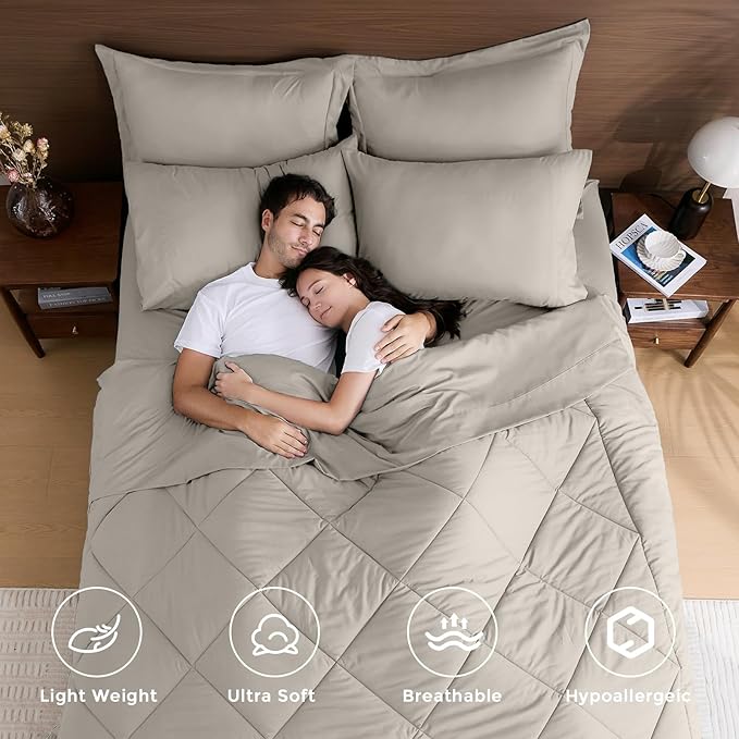 HEVUMYI Oatmeal Twin Comforter Set - 5-Piece All Season Bed in a Bag Twin, Ultra Soft Bedding Set with Comforter, Flat Sheet, Fitted Sheet, Pillowcases, Pillow Shams