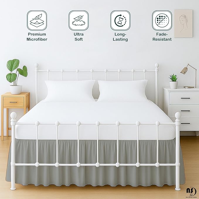 Premium Microfiber King Ruffled Bed Skirt, 30” Drop with Split Corners, Soft Wrinkle Free Bedskirt with Platform, Solid Ligth Grey Dust Ruffle for 78" x 80" Mattress