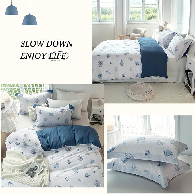 MILDLY 100% Washed Cotton Duvet Cover - Nautical Coastal Bedding Set Seashell Printed Blue Comforter Cover Set with Zipper Closure 4 Ties Queen Size