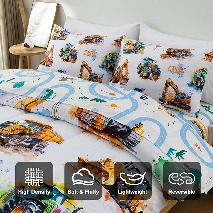 Holawakaka Trucks Tractors Cars Boy Bedding Comforter Set with Sheets, Twin Size Cartoon Construction Car Excavator Print Kids Bed in A Bag 5-Piece, Boys Reversible Dorm Bed Sets (Multi Twin)
