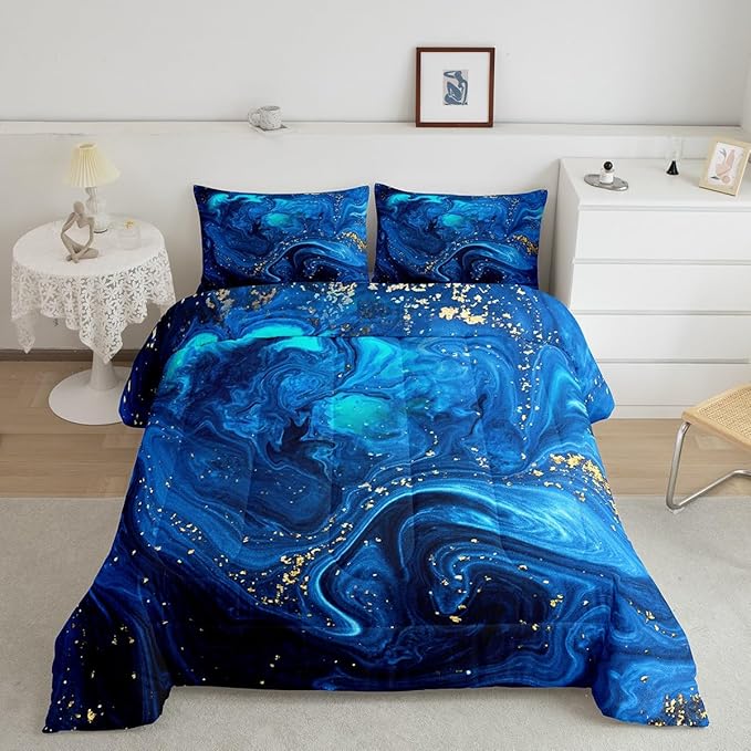 Blue Marble Comforter Set Twin, Ombre Blue Fluid Bedding Set Trippy Liquid Down Comforter Gypsy Golden Sequins Printed Duvet Set Tie Dye Gradient Soft Bedding Comforter Sets with 2 Pillowcases
