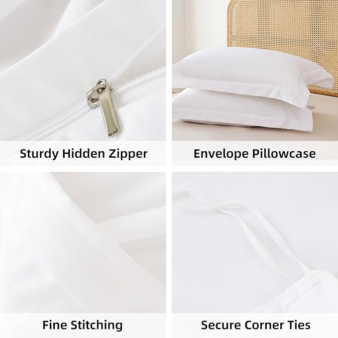 Whitney Home Textile White Duvet Cover Set Queen Size - 3 Piece Luxury Soft Cooling Duvet Cover with Zipper Closure and Pillow Sham, Breathable Washed Brushed Microfiber, Comforter Not Included