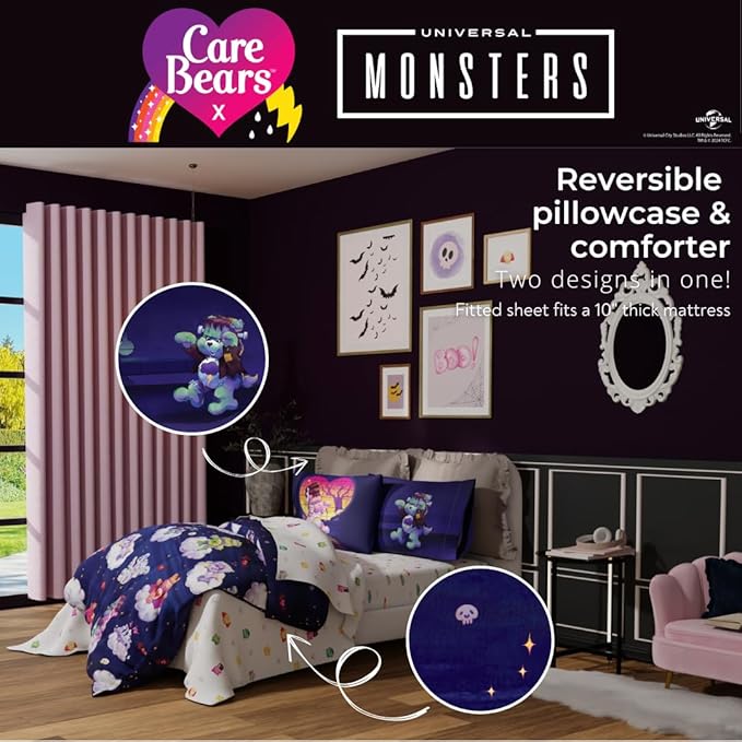 Care Bears x Universal Monsters Halloween Bedding 5 Piece Super Soft Cozy Reversible Comforter and Sheet Set with Sham, Twin, (Officially Licensed Product) by Franco