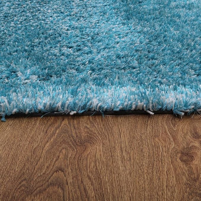 Hand Tufted SHAG Polyester ECO-Friendly Area Rugs - 4'x6', Rectangle, Turquoise White, Solid Plain Design, High Pile Thick Handmade Anti Skid Rugs for Living Room K00111