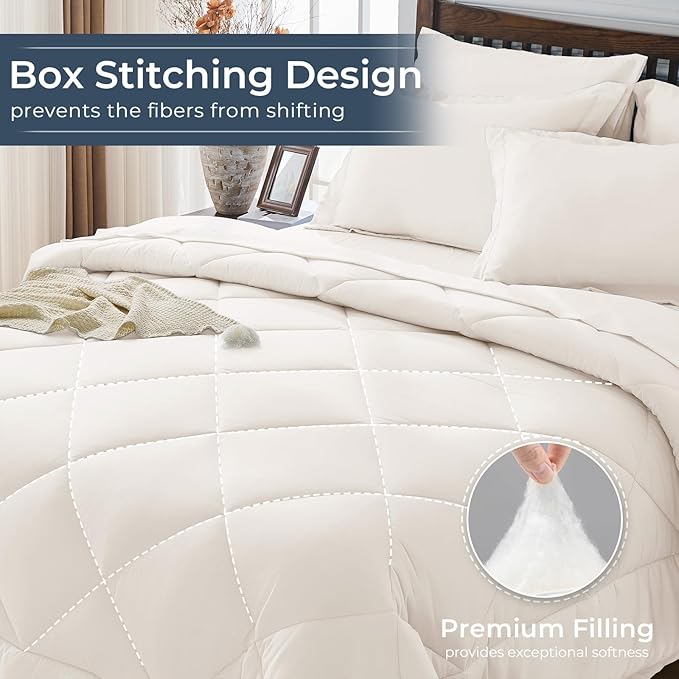 HEVUMYI Ivory Twin-XL Comforter Set - 5-Piece All Season Bed in a Bag Twin-XL, Ultra Soft Bedding Set with Comforter, Flat Sheet, Fitted Sheet, Pillowcases, Pillow Shams