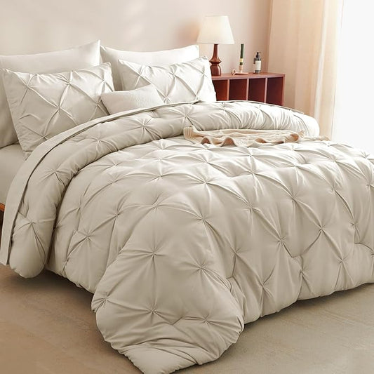 CozyLux King Size Comforter Set Oatmeal, 7 Pieces Pintuck Bed in A Bag Oatmeal Comforter King Size, Pinch Pleat Bedding Set with All Season Comforter, Sheets, Pillowcases & Shams