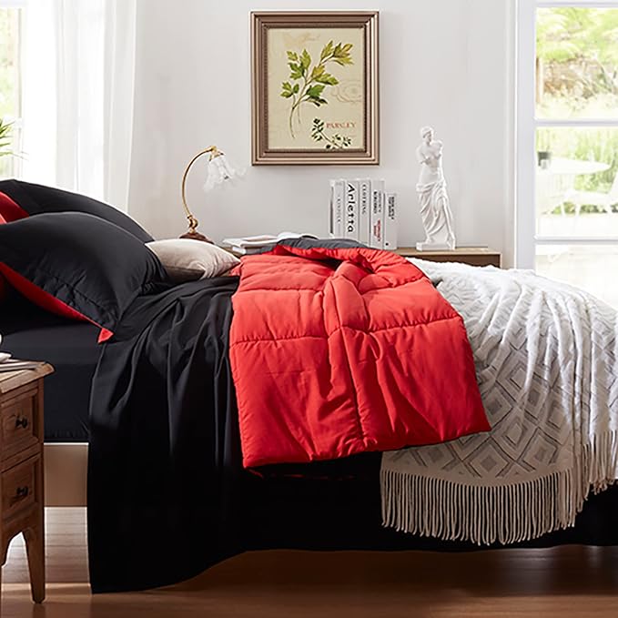 Anluoer King Size Comforter Set 7 Pieces, Reversible Bed in a Bag King Size,Lightweight Bedding Set with 1 Comforter(102*90") , 2 Pillow Shams, 2 Pillowcases, 1 Flat Sheet , 1 Fitted Sheet,Red & Black