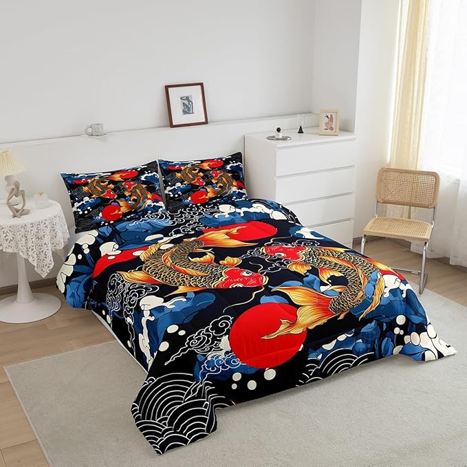 Feelyou Japanese Bedding Set Japanese Ukiyoe Fish Comforter Set for Kids Boys Girls Teens Decor Ocean Surfing Koi Comforter Exotic Quilt for All Season 3Pcs King Size with 2 Pillow Case