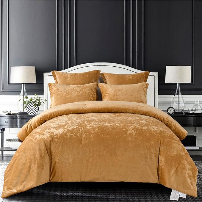 Sunshine Nicole Distressed Velvet Comforter Set, Distressed Velvet Face and Brushed Solid Microfiber Reverse, with Light Weight Soft Poly Fill, 5 Pieces Deco Gold, King