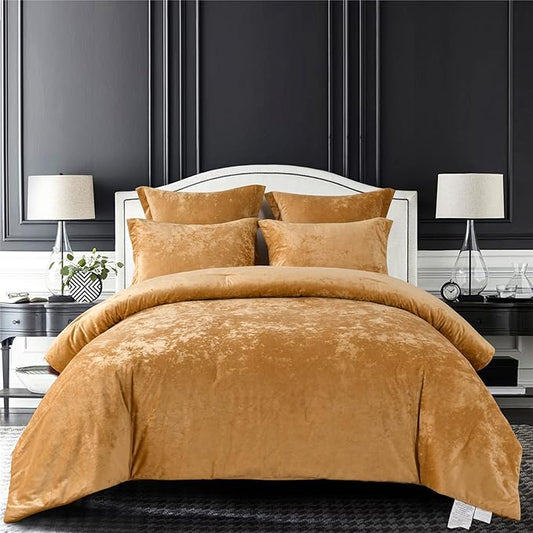 Sunshine Nicole Distressed Velvet Comforter Set, Distressed Velvet Face and Brushed Solid Microfiber Reverse, with Light Weight Soft Poly Fill, 5 Pieces Deco Gold, King