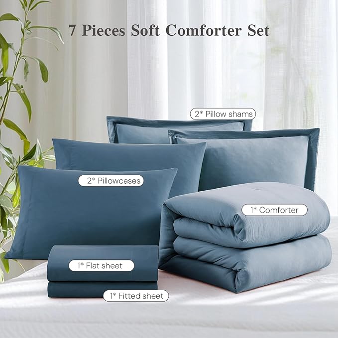 WRENSONGE Full Size Comforter Sets, 7 Pieces Oxford Blue Bed in a Bag with Fitted Sheet, Flat Sheet, 2 Pillow Shams, 2 Pillowcases, Warm Bedding Sets for All Season