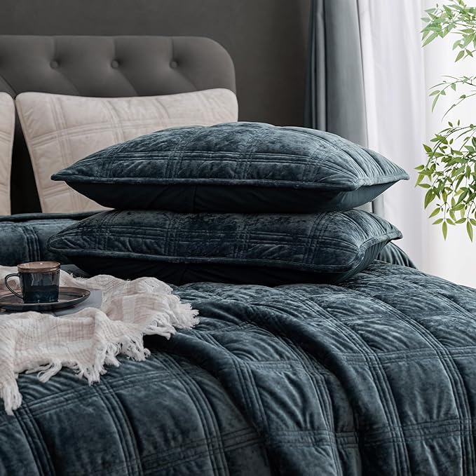 PHF Ultra Soft Velvet Quilt Set King Size – 3PCS Luxurious Cozy Quilted Comforter Alternative with Diamond Pattern, Warm Quilted Bedspread Coverlet, 108" x 92", Stormy Blue