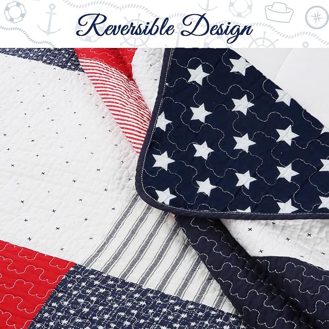 Cozy Line Home Fashions 100% Cotton Sailor Navy Blue Star Striped Print Cotton Reversible Bedding Quilt Set (Patriotic Patchwork, Queen)