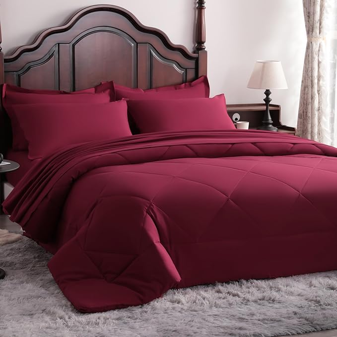 NTBAY King Comforter Set with Sheets, 7 Pieces Soft and Breathable King Bedding Set, Bed in a Bag, Down Alternative Comforter Set Solid Color All Season, Wine Red