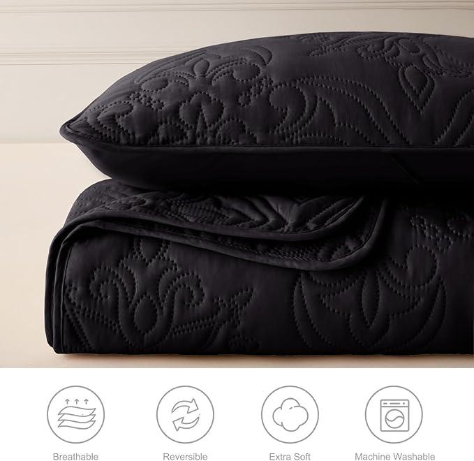 Whale Flotilla Soft Queen Quilt Bedding Set for All Seasons, Vintage Damask Ultrasonic Full Size Quilts Set, Lightweight Reversible Bedspread, Coverlet, Bed Cover with 2 Pillow Shams, Black