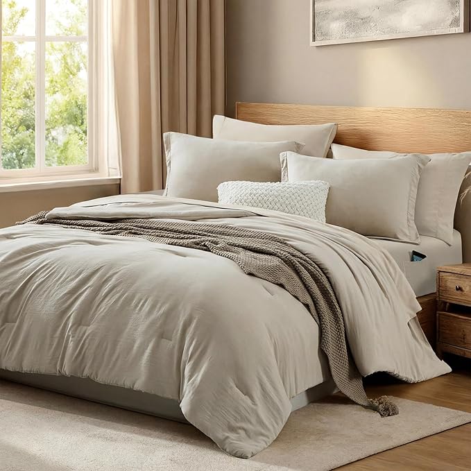 WRENSONGE Queen Comforter Set- 7 Pieces Beige Bed in a Bag Queen with Fitted Sheet, Flat Sheet, 2 Pillow Shams, and 2 Pillowcases- Warm Bed Set for All Season