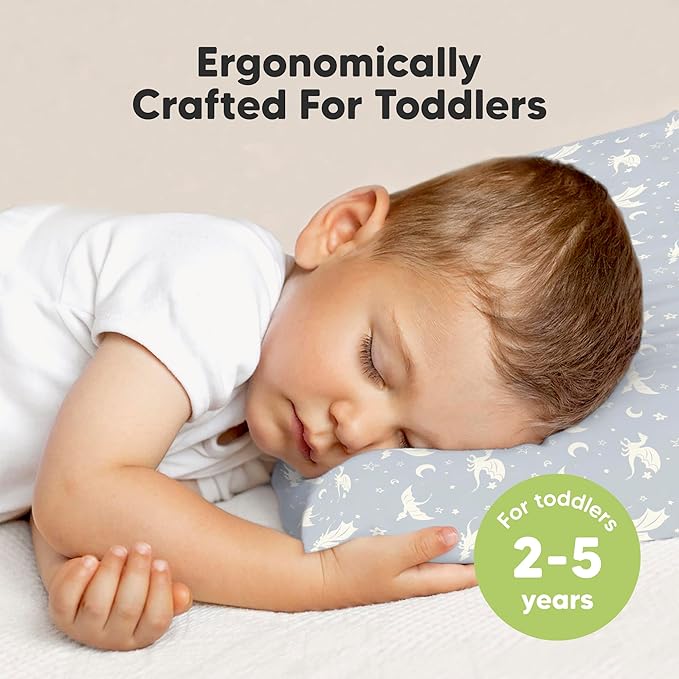 KeaBabies 2-Pack Toddler Pillows 2 Year Old to 5-13x18 Soft Organic Cotton Kids Pillow for Sleeping, Travel, School, Daycare, Nap, Toddler Bed, Machine Washable, Without Pillowcase (Dragons)