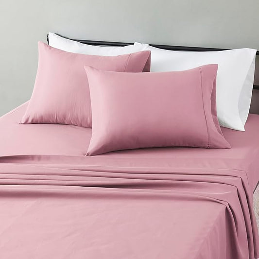 Amazon Basics Lightweight Breathable Microfiber 4-Piece Bed Sheet Set, Queen, Rose, Solid