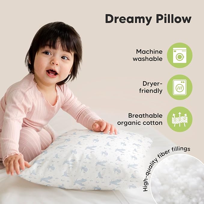 KeaBabies 2-Pack Toddler Pillows 2 Year Old to 5-13x18 Soft Organic Cotton Kids Pillow for Sleeping, Travel, School, Daycare, Nap, Toddler Bed, Machine Washable, Without Pillowcase (Dragons)