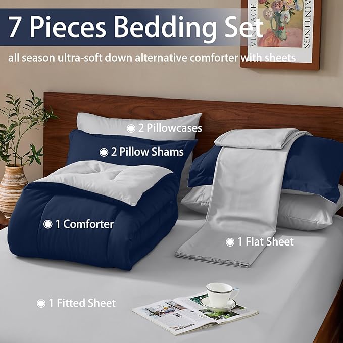 FUANNA King Size Comforter Set 7 Pieces, Reversible Bedding Sets with All Season Soft Comforter, Bed in a Bag Includes Comforter, Flat Sheet, Fitted Sheet, Pillowcases & Shams, Navy Blue & Light Grey