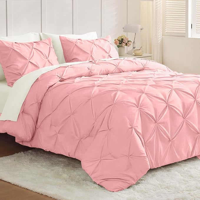 JOLLYVOGUE Full Size Comforter Sets 7 Pieces - Bed in a Bag Full for All Season, Pintuck Bedding Comforter Sets with Comforter, Flat Sheet, Fitted Sheet and Pillowcases & Shams, Pink & Ivory