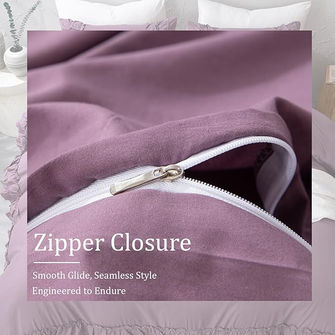 Bedorm Twin Duvet Cover Set Purple Ruffle Bedding Set Pleat Ruffled Shabby Chic Comforter Cover Extra Soft & Easy Care Farmhouse Boho Duvet Cover with Zipper Closure