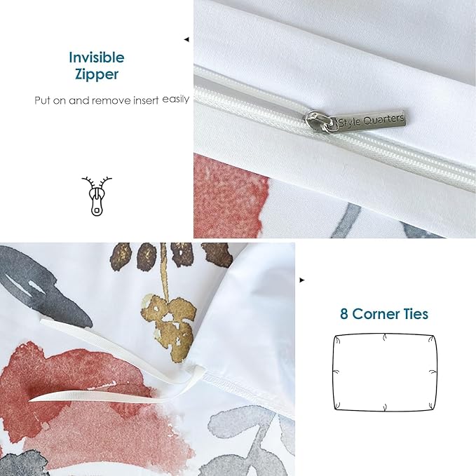 Style Quarters Duvet Cover King-100% Washed Microfiber King Duvet Cover Set 3 Pieces Floral Bedding Set Includes 1 Duvet Cover and 2 Pillowcases Comfortable Breathable King Size Duvet Cover