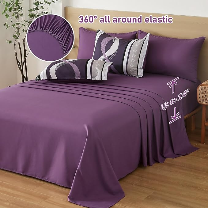 Anibedding Purple Comforter Set Full Size,8 Pieces Bed in a Bag Patchwork Striped Bedding Sets,Boho Soft Microfiber Bedding Set for All Season(78"×90")