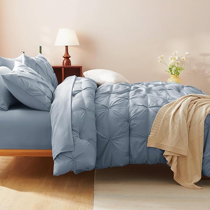 Full Comforter Set Grayish Blue, 7 Pieces Pintuck Bed in A Bag Full Size Bedding, Soft Bed Set All Season Pinch Pleat Comforter Set with Sheets, Pillowcases & Shams