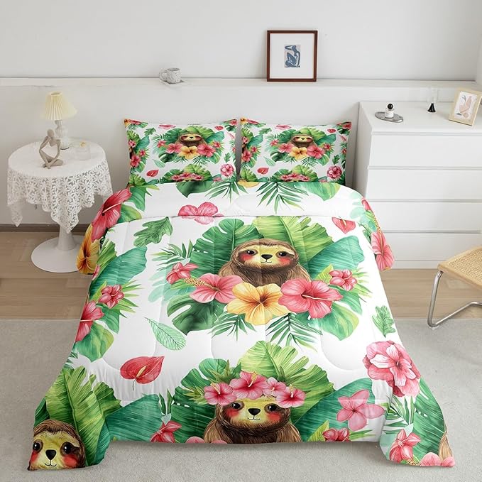 Erosebridal Cartoon Sloth Comforter Set Kawaii Sloth Bedding Palm Leaf Cherry Blossom Monstera Quilt Hawaiian Tropical Leaf Animal Duvet Insert for Kids Boys Girls, 3Pcs King Size