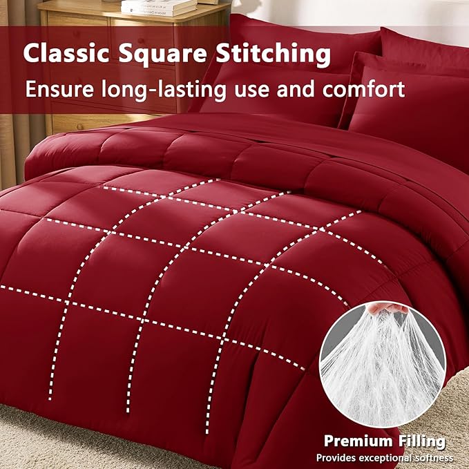 CozyLux Full Size Comforter Sets Dark Red - 7 Pieces Bed in a Bag Full, Oeko-Tex Certified Bed Set, All Season Soft Bedding Set with Down Alternative Comforter, Sheets, Pillowcases & Pillow Shams