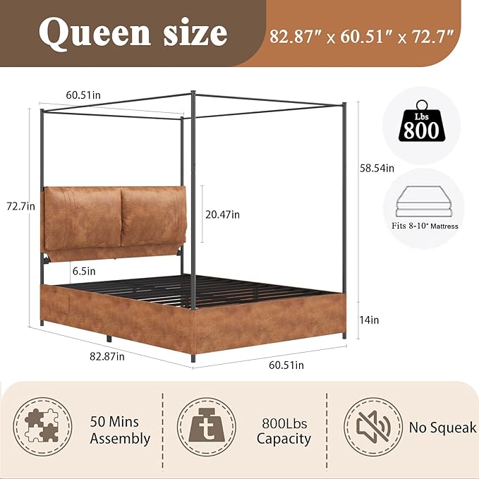 Modern Canopy Bed Frame with Upholstered Faux Leather Headboard – Tall Four Poster Metal Platform Bed, No Box Spring Needed, Queen Size, Brown and Black