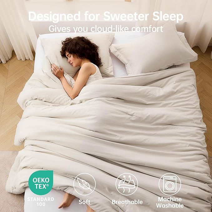 MUXHOMO Queen Size Comforter Set Beige, 3 Piece Solid Bedding for All Seasons, Warm Down Alternative Bed Set Includes 1 Lightweight Comforter (90"x90") and 2 Pillowshams (20"x26")