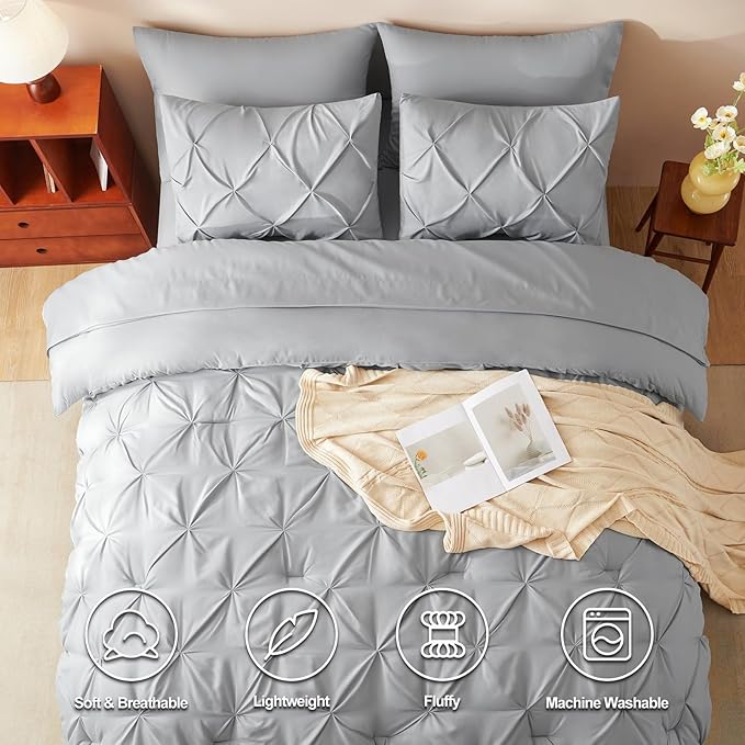 King Comforter Set Light Grey, 7 Pieces Pintuck Bed in A Bag King Size Bedding, Soft Bed Set All Season Pinch Pleat Comforter Set with Sheets, Pillowcases & Shams
