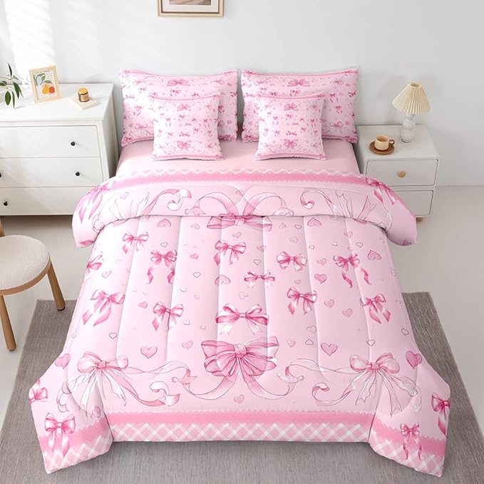 Feelyou Pink Bowknot Full Comforter Set with Sheets for Kids Boys Girls Dreamy Princess 7 Pieces Bedding Set Cute Bow Bed in a Bag Love Hearts Room Decor Soft Lightweight Microfiber