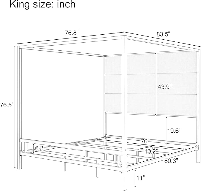 Merax King Size Modern Canopy Bed Frame, with Tall Linen Fabric Upholstered Headboard Metal 4-Poster, Box Spring Needed, Gold + Tan