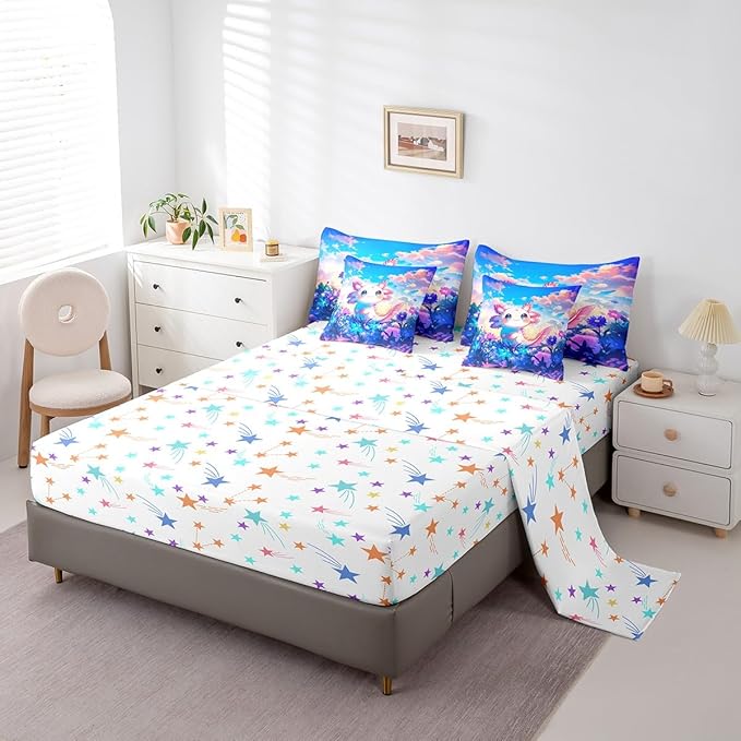 Feelyou Kids Cute Axolotl 7 Pieces Bedding Set Twin Size, Cartoon Animal Comforter Set with Sheets Boys Girls Kawaii Ocean Sealife Bed in A Bag Floral Teens Bed Set Bedroom Decor 7Pcs