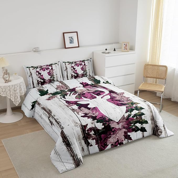 Feelyou Deer Hunting Comforter Size Pink Camo Deer Bedding Set Boys Girls Deer Antlers Army Camouflage Comforter Western Duvet Insert with 1 Pillow Case